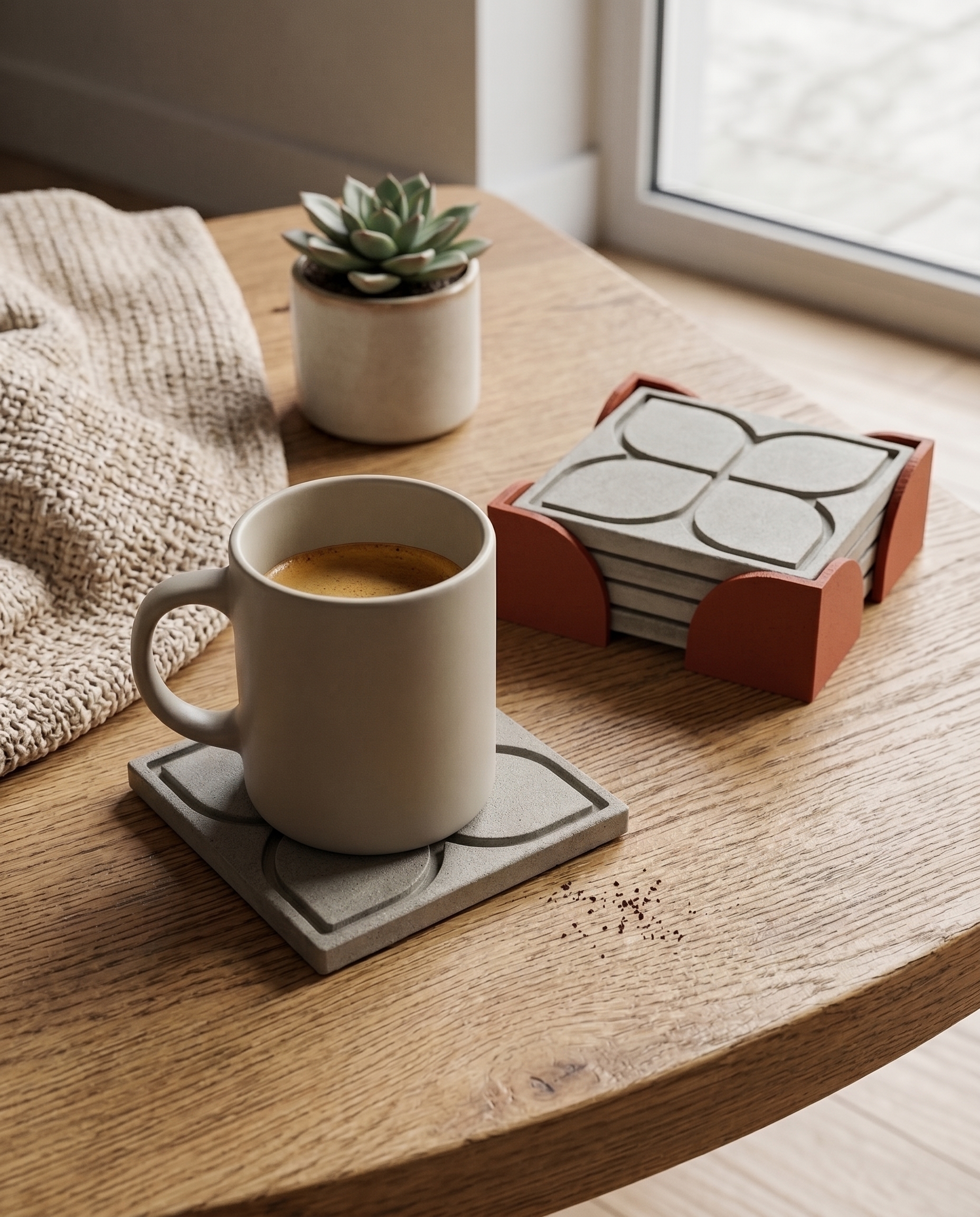 Coaster Series 1 lifestyle scene on a wooden coffee table with a mug on one coaster and the set stacked in the brick red holder