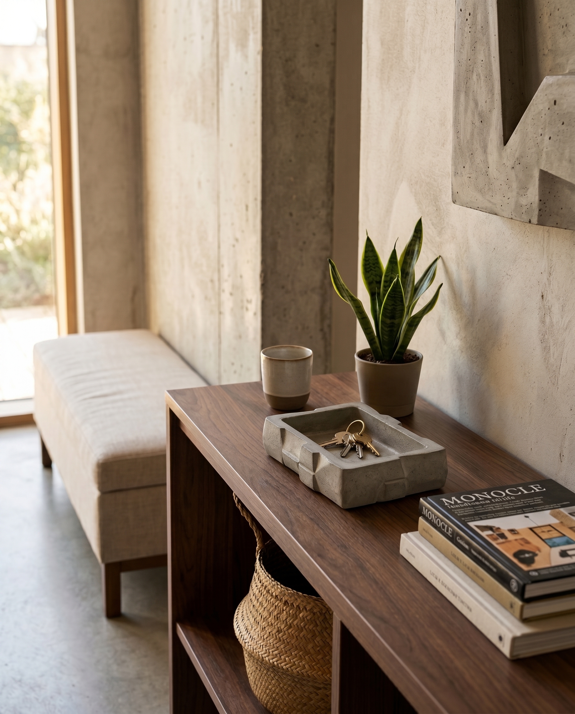 Catchall Tray in Concrete Grey on a walnut console table holding keys, beside a ceramic mug and snake plant