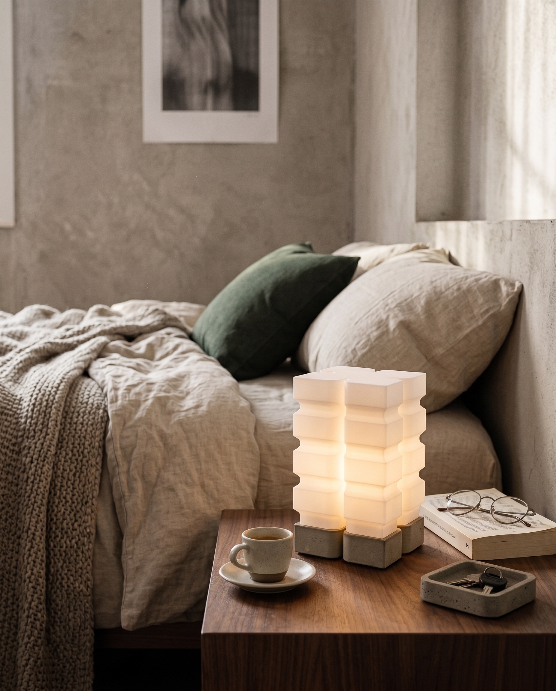 Lamp Series 2 lit on a wooden nightstand beside bed linen, casting a warm glow through the translucent plastic column